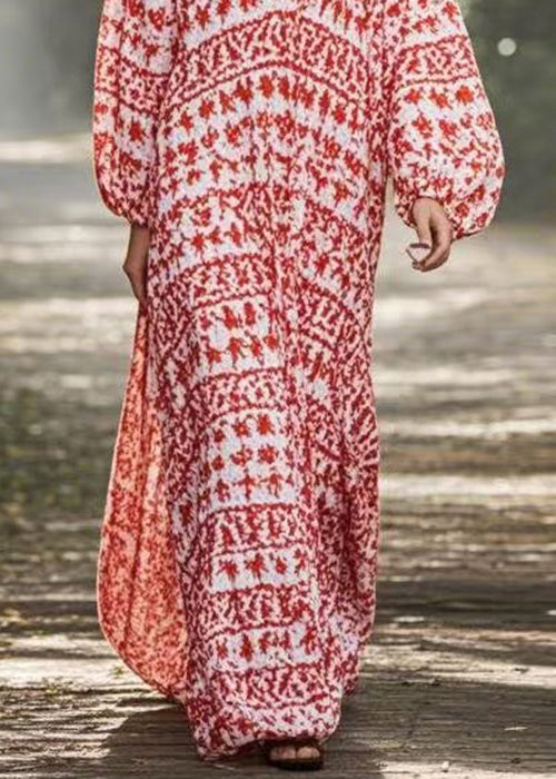 New Red V Neck Print Oversized Long Dresses Spring