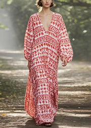 New Red V Neck Print Oversized Long Dresses Spring