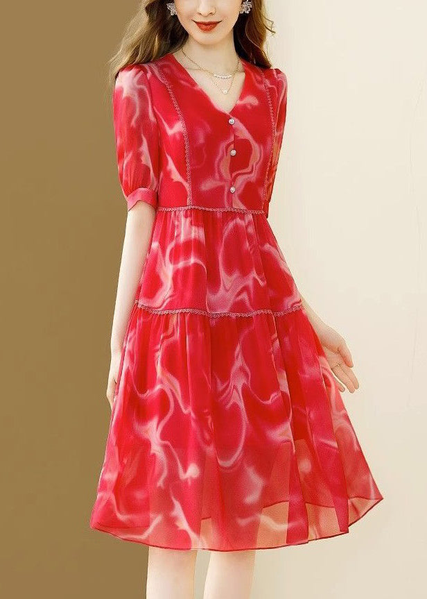 New Red V Neck Print Patchwork Chiffon Dress Short Sleeve