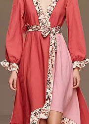 New Red V Neck Print Patchwork Cotton Long Dresses Long Sleeve