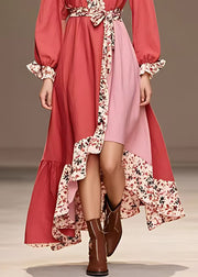 New Red V Neck Print Patchwork Cotton Long Dresses Long Sleeve