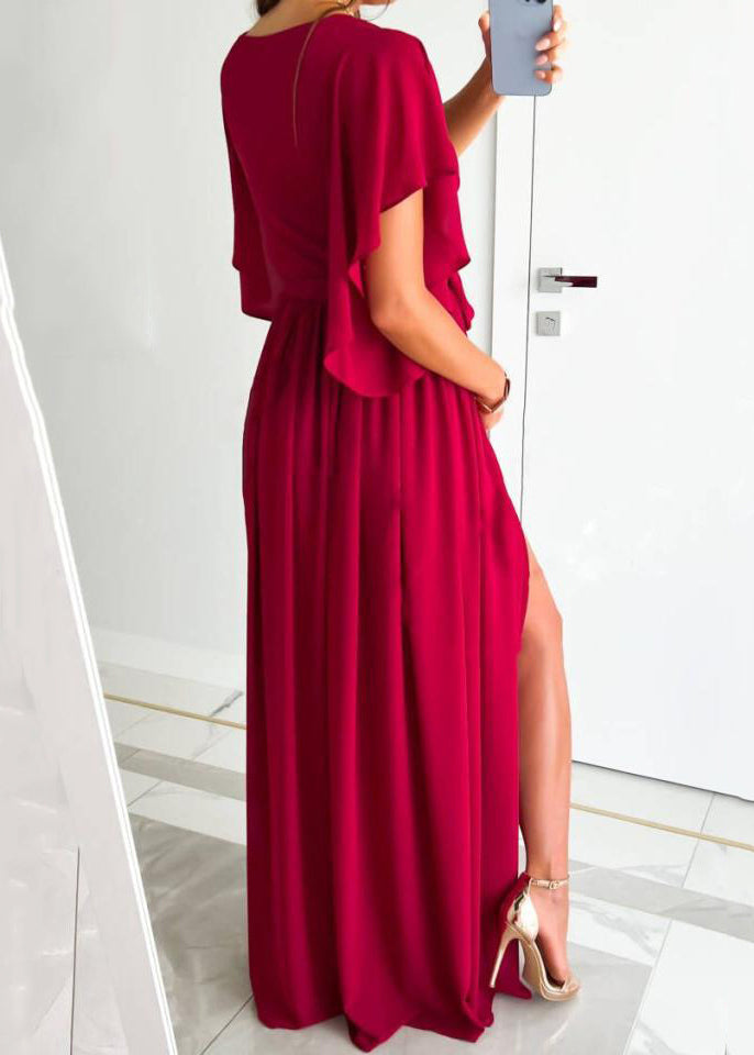 New Red V Neck Tie Waist Side Open Cotton Maxi Dress Summer