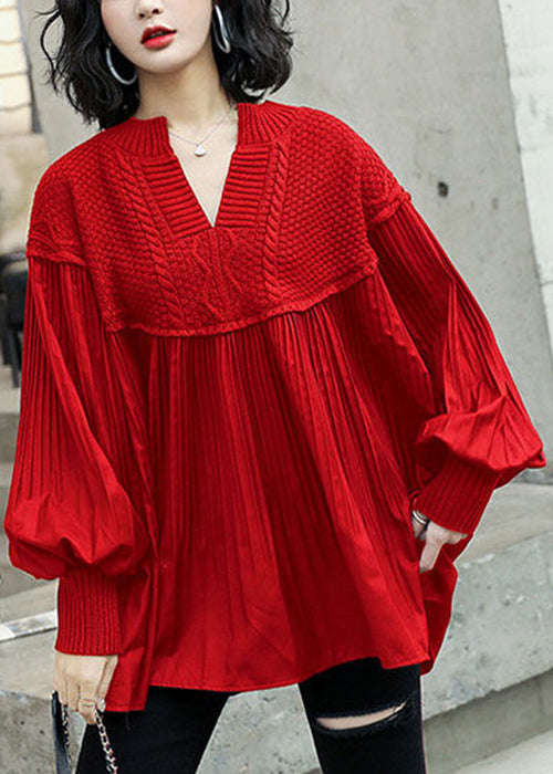 New Red V Neck Wrinkled Knit Patchwork Top Lantern Sleeve