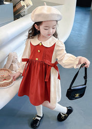 New Red Wrinkled False Two Pieces Cotton Girls Dresses Fall