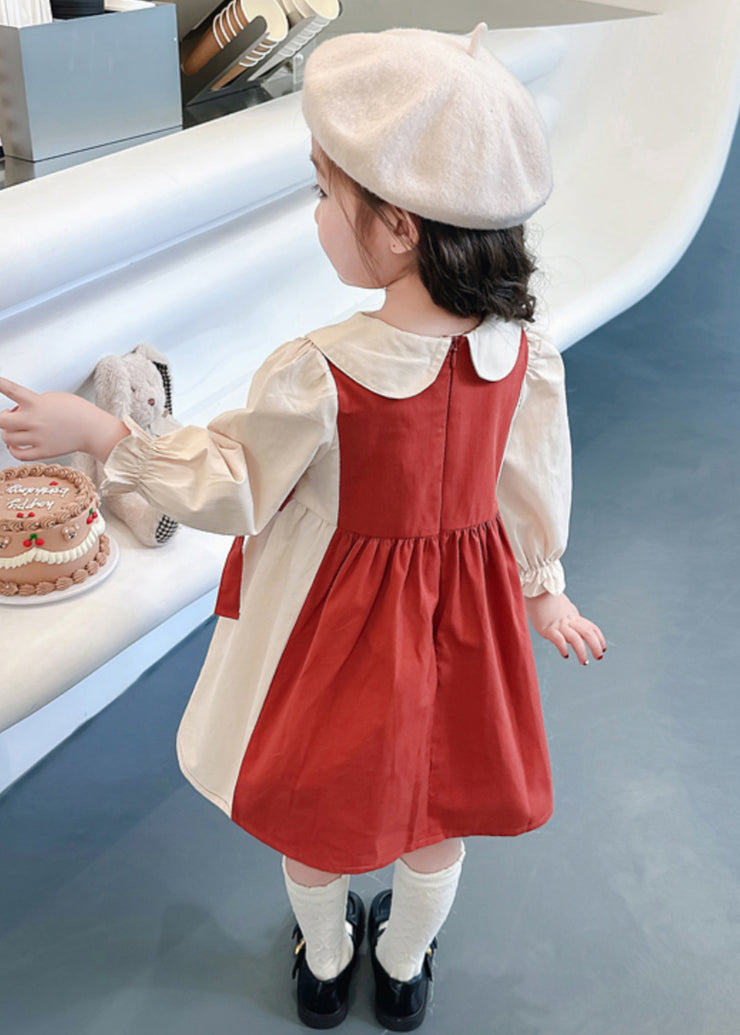 New Red Wrinkled False Two Pieces Cotton Girls Dresses Fall