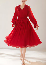 New Red Wrinkled Lace Up Chiffon Dress Fall