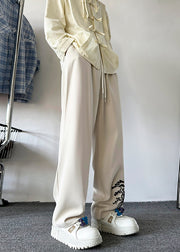 New Retro Apricot Embroideried Pockets Silk Mens Pants Summer