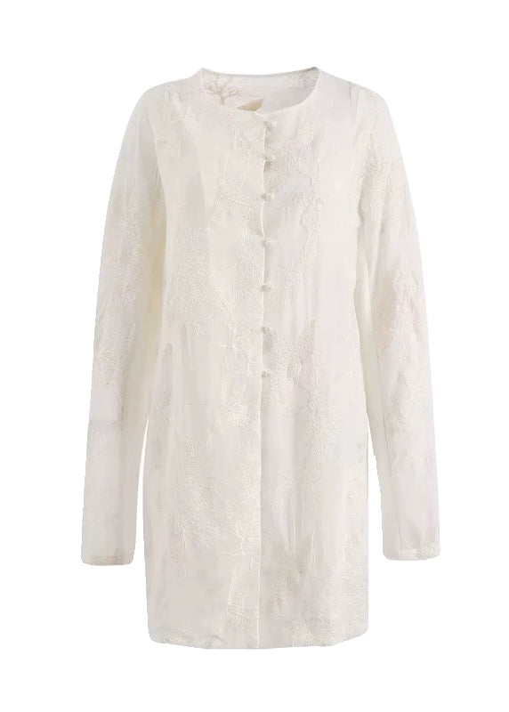 New Retro Beige Embroidered Shirts Dress Long Sleeve