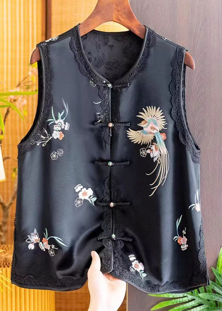 New Retro Black Embroideried Chinese Button Silk Vest Sleeveless