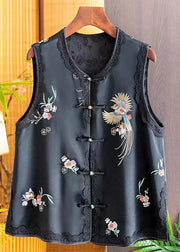 New Retro Black Embroideried Chinese Button Silk Vest Sleeveless