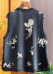 New Retro Black Embroideried Chinese Button Silk Vest Sleeveless