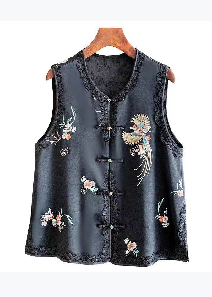 New Retro Black Embroidered Chinese Button Silk Vest Sleeveless