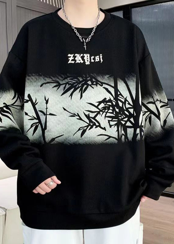 New Retro Black O Neck Print Cotton Men Pullover Streetwear Fall