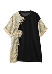 New Retro Black O Neck Tasseled Jacquard Patchwork Cotton T Shirts Summer