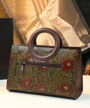 New Retro Brown Embossed Flower Durable Faux Leather Tote Handbag