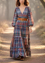 New Retro Cinched Plaid Linen Long Dress Spring