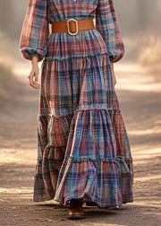 New Retro Cinched Plaid Linen Long Dress Spring