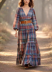 New Retro Cinched Plaid Linen Long Dress Spring