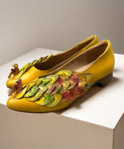 New Retro Ethnic Style Yellow Pointed Toe Cowhide Leather Shoes