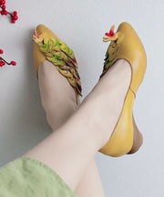 New Retro Ethnic Style Yellow Pointed Toe Cowhide Leather Shoes