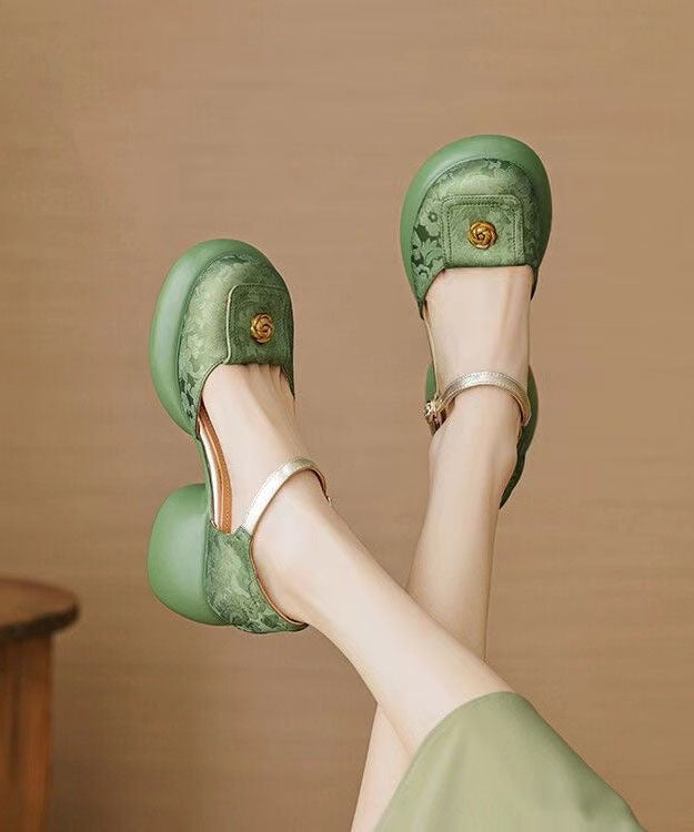 New Retro Green Embossed Buckle Strap Chunky Sandals