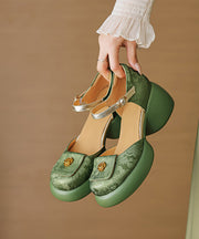 New Retro Green Embossed Buckle Strap Chunky Sandals