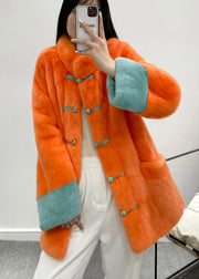 New Retro Orange Stand Collar Pockets Chinese Button Faux Fur Jackets Winter