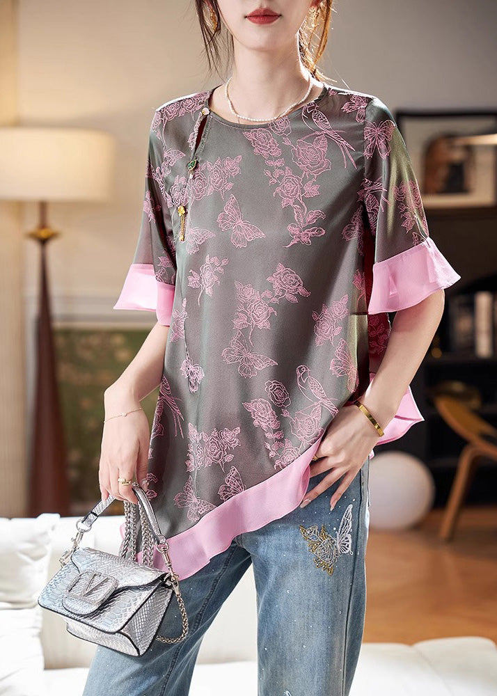 New Retro Pink Asymmetrical Jacquard Chiffon Top Summer