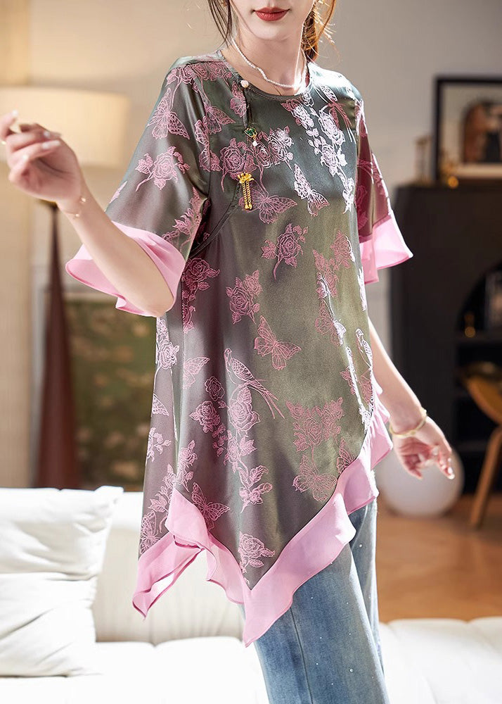 New Retro Pink Asymmetrical Jacquard Chiffon Top Summer