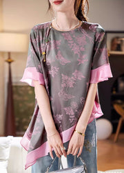 New Retro Pink Asymmetrical Jacquard Chiffon Top Summer