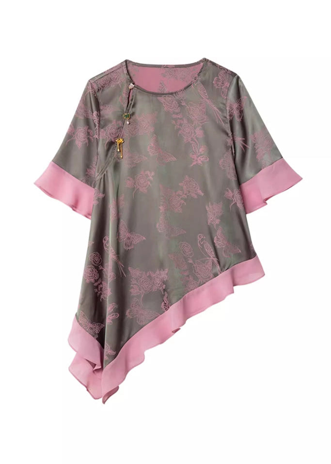 New Retro Pink Asymmetrical Jacquard Chiffon Top Summer