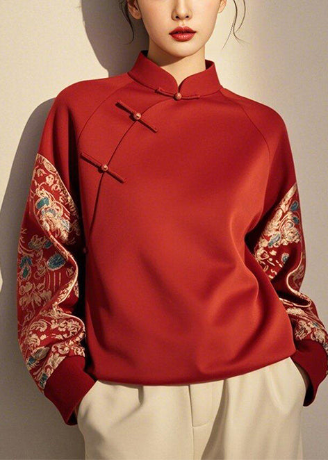 New Retro Red Chinese Button Patchwork Cotton Pullover Sweatshirt Spring