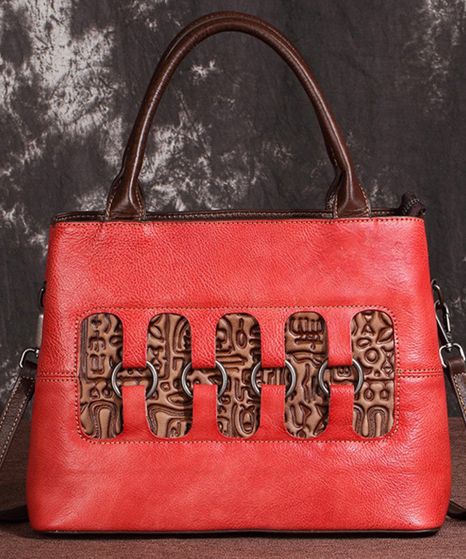 New Retro Red Embossed Patchwork Calf Leather Tote Handbag