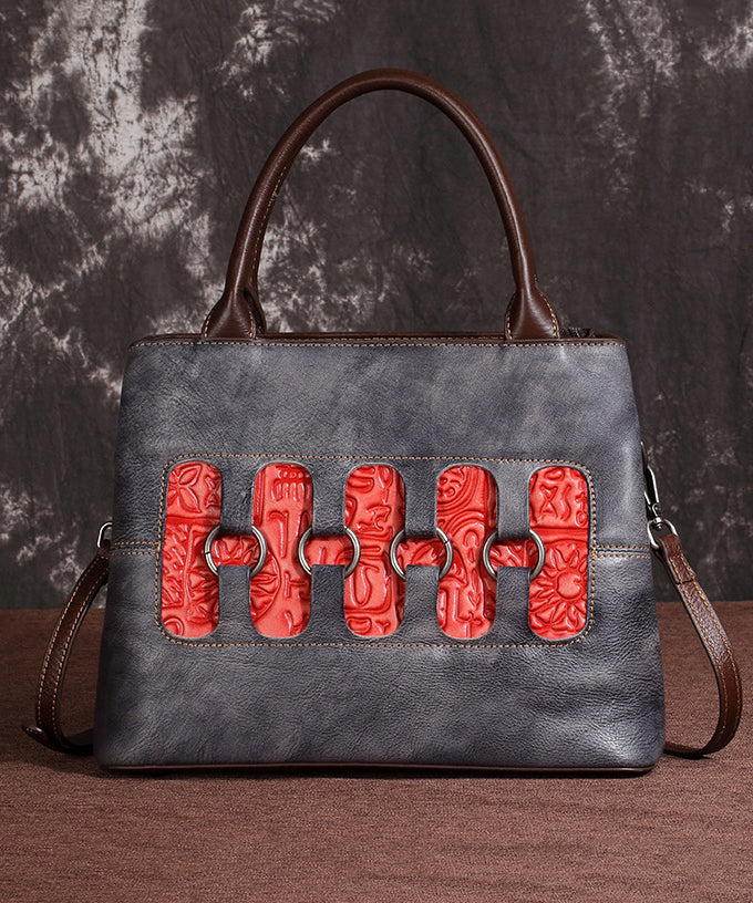 New Retro Red Embossed Patchwork Calf Leather Tote Handbag