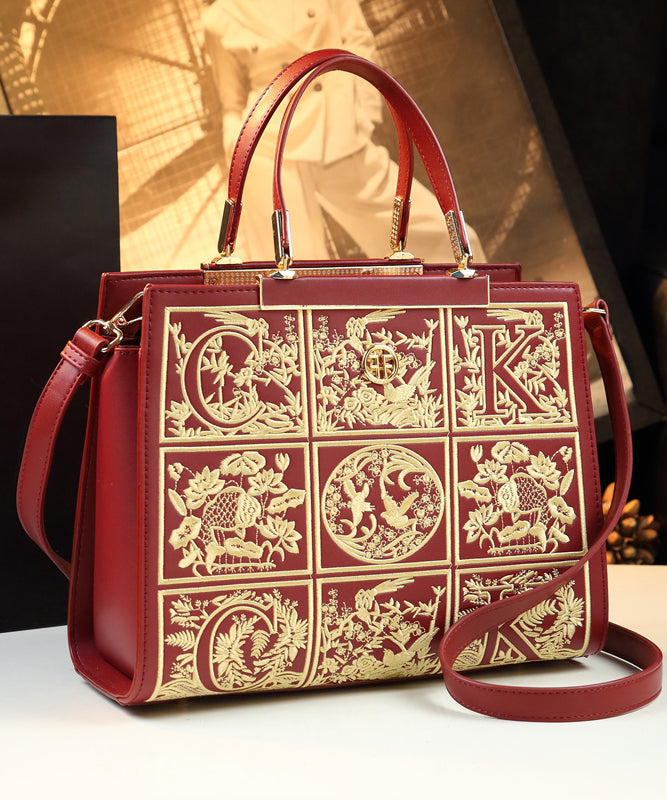 New Retro Red Embroideried Calf Leather Tote Handbag