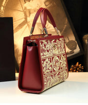 New Retro Red Embroideried Calf Leather Tote Handbag