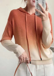 New Rose Gradient Color Hooded Patchwork Wool Knit Sweaters Fall