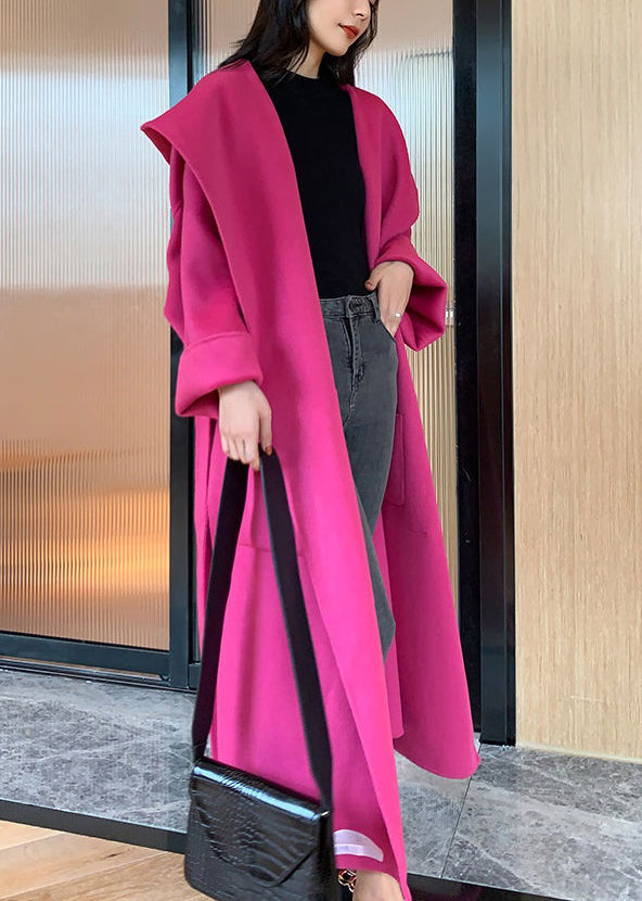 New Rose Hooded Pockets Tie Waist Woolen Long Coat Spring