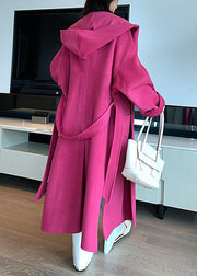 New Rose Hooded Pockets Tie Waist Woolen Long Coat Spring