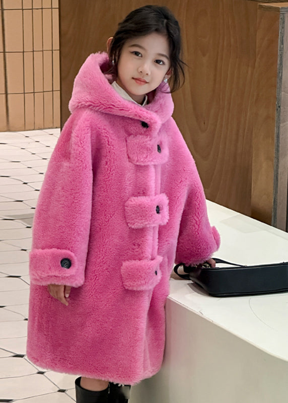 New Rose Patchwork Button Kids Maxi Hooded Coat Winter