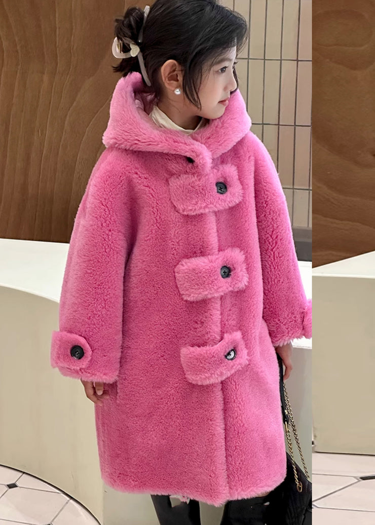 New Rose Patchwork Button Kids Maxi Hooded Coat Winter