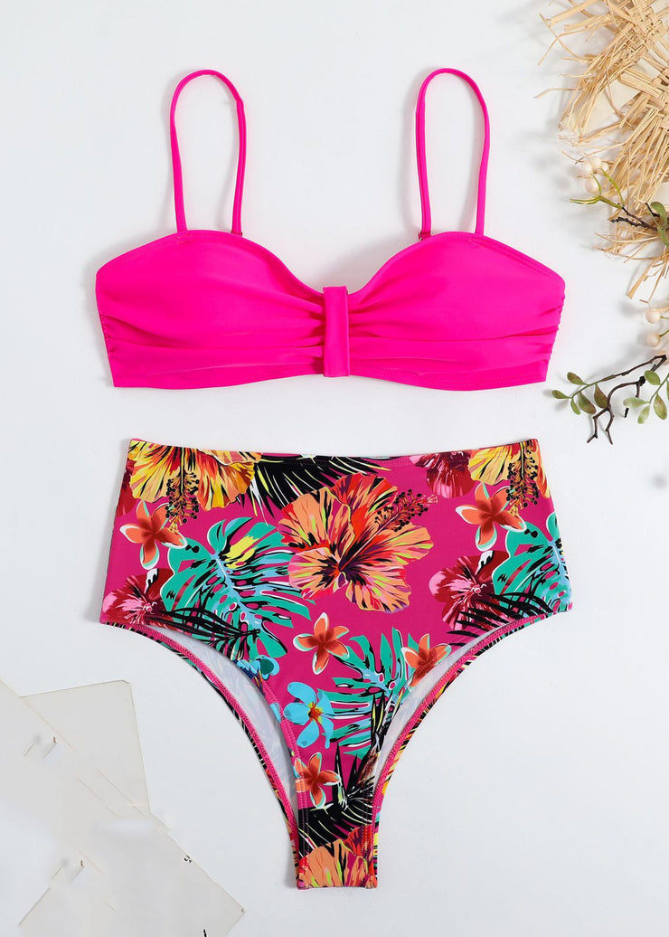 New Rose Print Backless Swimwear Two Pieces Set
