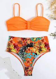 New Rose Print Backless Swimwear Two Pieces Set