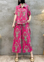 New Rose Print Shirts Tops And Crop Pants Cotton Two Pieces Set Summer