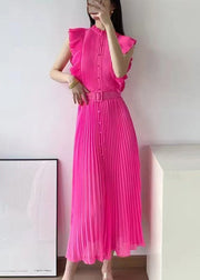 New Rose Ruffled Button Sashes Chiffon Maxi Dresses Sleeveless