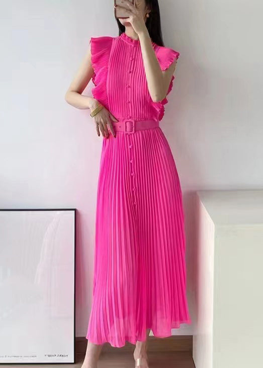 New Rose Ruffled Button Sashes Chiffon Maxi Dresses Sleeveless