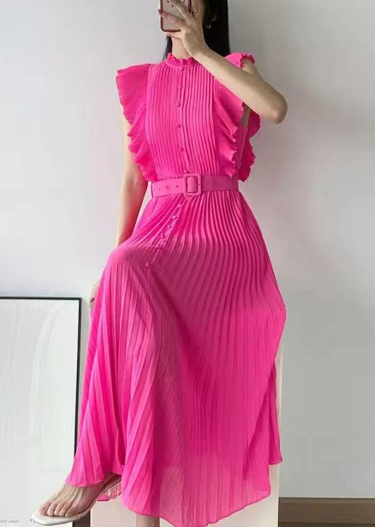 New Rose Ruffled Button Sashes Chiffon Maxi Dresses Sleeveless