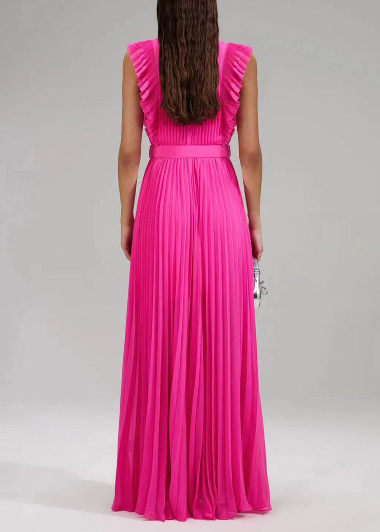 New Rose Ruffled Button Sashes Chiffon Maxi Dresses Sleeveless