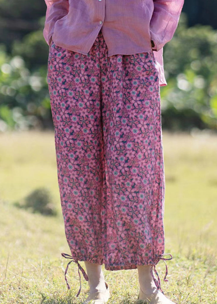 New Rose Ruffled Print Lace Up Linen Crop Pants Summer