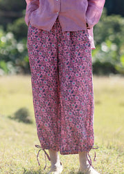 New Rose Ruffled Print Lace Up Linen Crop Pants Summer